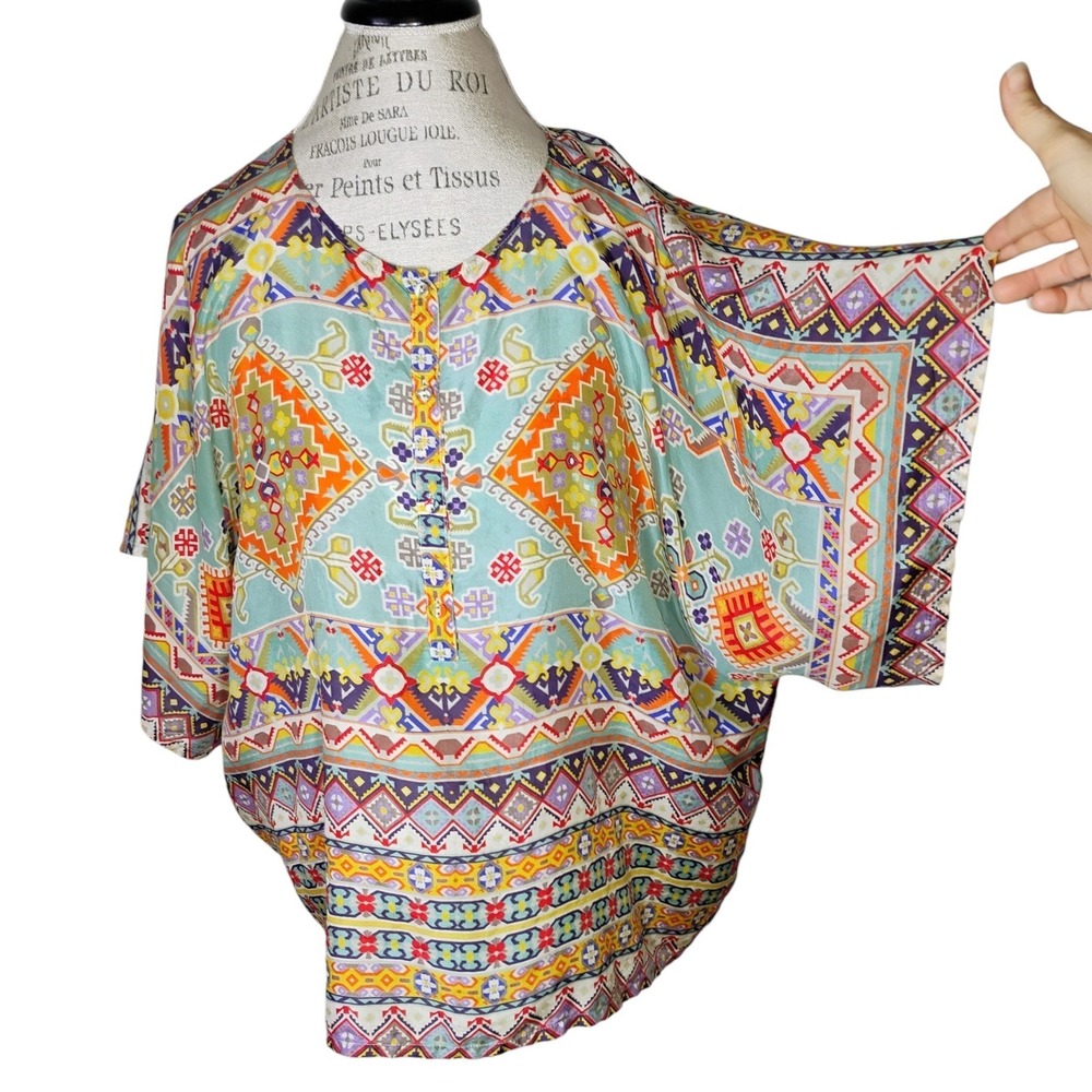 Johnny Was Silk Oversized Dolman Sleeve Top Womens Medium Geometric Bohemian